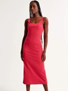 Abercrombie & Fitch Women's Stretch Column Midi Dress Size L Red Square-Neck